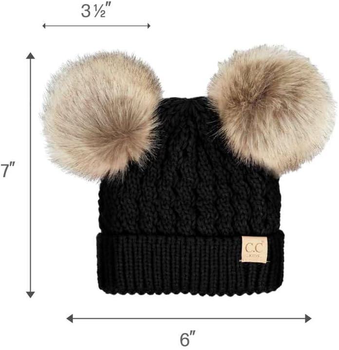 imageCC Kids Cable Knit Double Pom Beanie for Kids  Comfortable Soft Warm Children Youth Skully Hat with PomNatural Faux Fur Pom Black