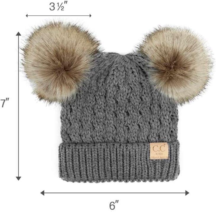 imageCC Kids Cable Knit Double Pom Beanie for Kids  Comfortable Soft Warm Children Youth Skully Hat with PomNatural Faux Fur Pom Dark Melange Gray