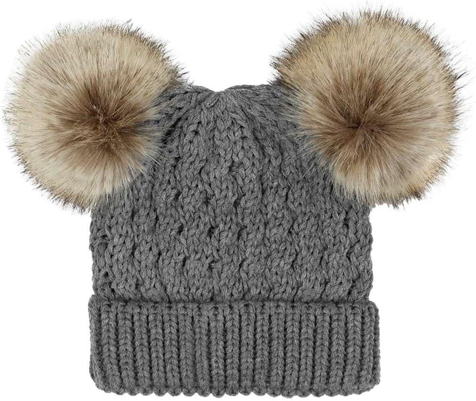 imageCC Kids Cable Knit Double Pom Beanie for Kids  Comfortable Soft Warm Children Youth Skully Hat with PomNatural Faux Fur Pom Dark Melange Gray