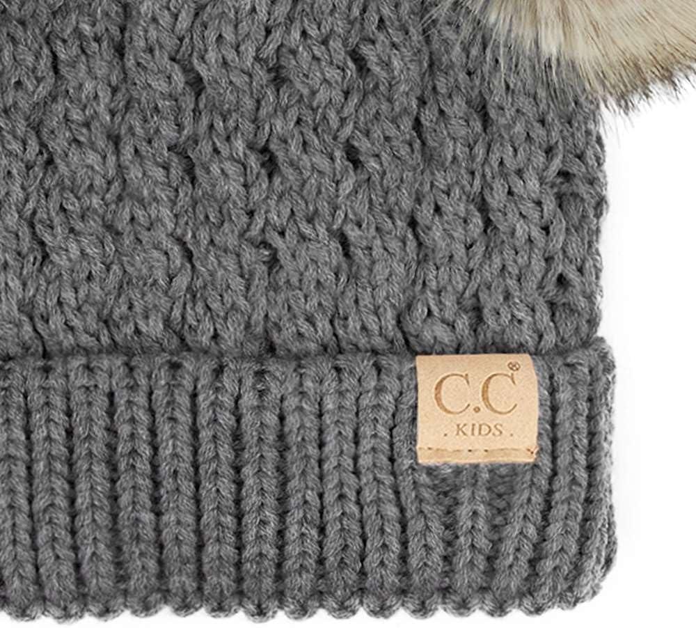 imageCC Kids Cable Knit Double Pom Beanie for Kids  Comfortable Soft Warm Children Youth Skully Hat with PomNatural Faux Fur Pom Dark Melange Gray