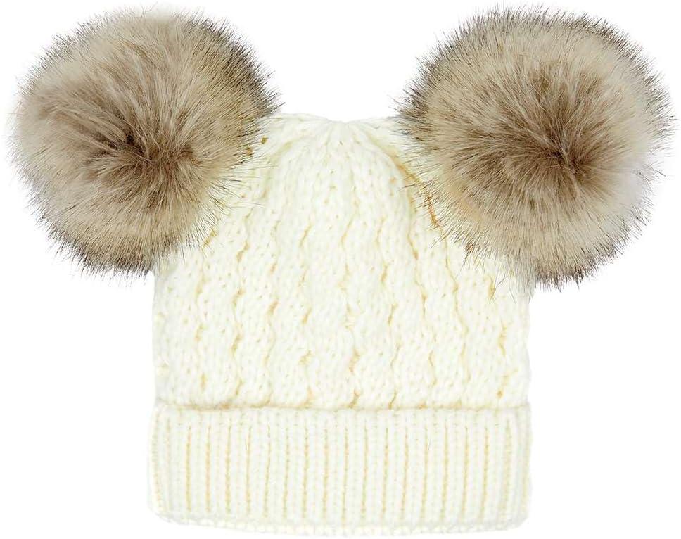 imageCC Kids Cable Knit Double Pom Beanie for Kids  Comfortable Soft Warm Children Youth Skully Hat with PomNatural Faux Fur Pom Ivory