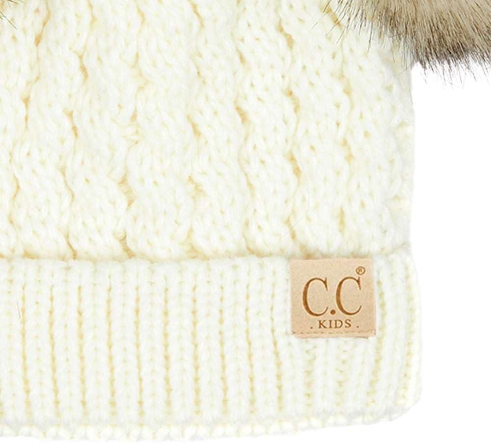 imageCC Kids Cable Knit Double Pom Beanie for Kids  Comfortable Soft Warm Children Youth Skully Hat with PomNatural Faux Fur Pom Ivory