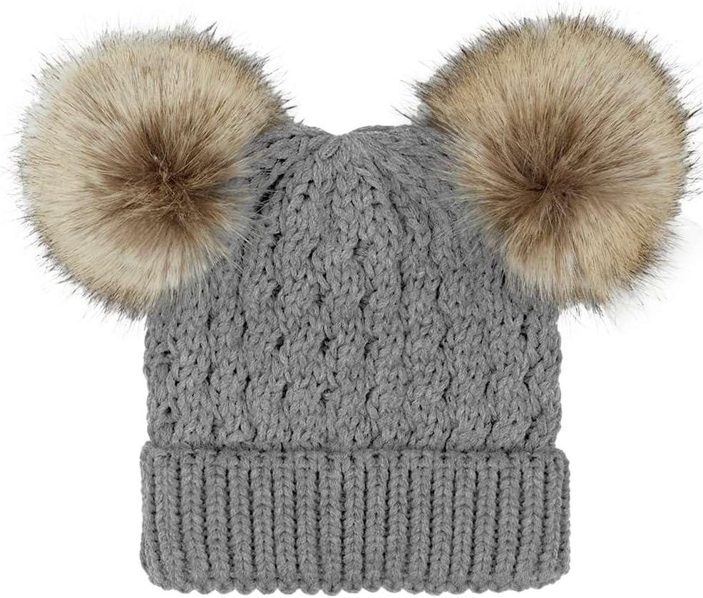 imageCC Kids Cable Knit Double Pom Beanie for Kids  Comfortable Soft Warm Children Youth Skully Hat with PomNatural Faux Fur Pom Light Melange Gray