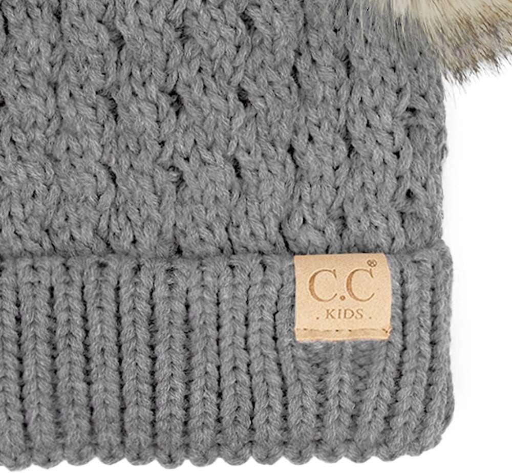 imageCC Kids Cable Knit Double Pom Beanie for Kids  Comfortable Soft Warm Children Youth Skully Hat with PomNatural Faux Fur Pom Light Melange Gray