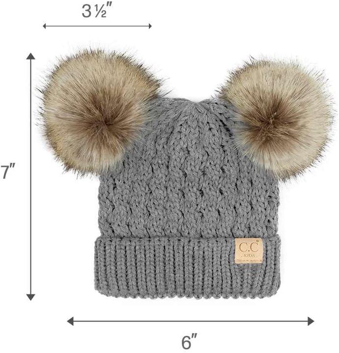 imageCC Kids Cable Knit Double Pom Beanie for Kids  Comfortable Soft Warm Children Youth Skully Hat with PomNatural Faux Fur Pom Light Melange Gray