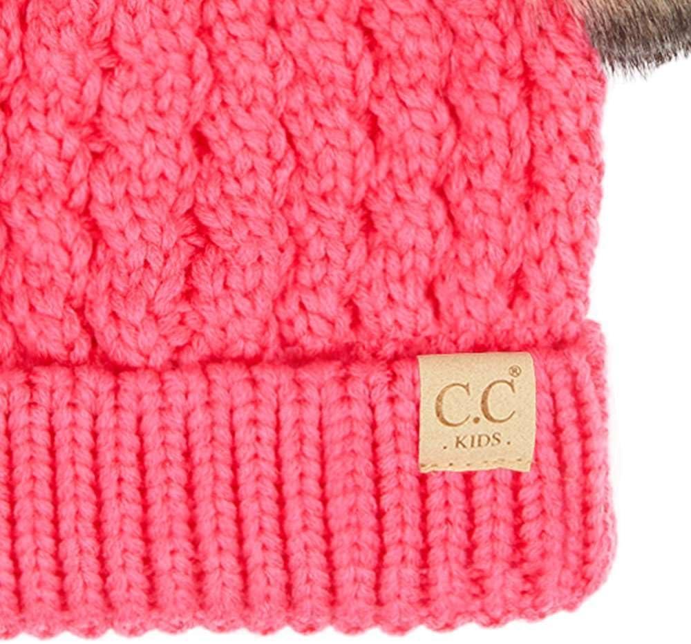 imageCC Kids Cable Knit Double Pom Beanie for Kids  Comfortable Soft Warm Children Youth Skully Hat with PomNatural Faux Fur Pom New Candy Pink