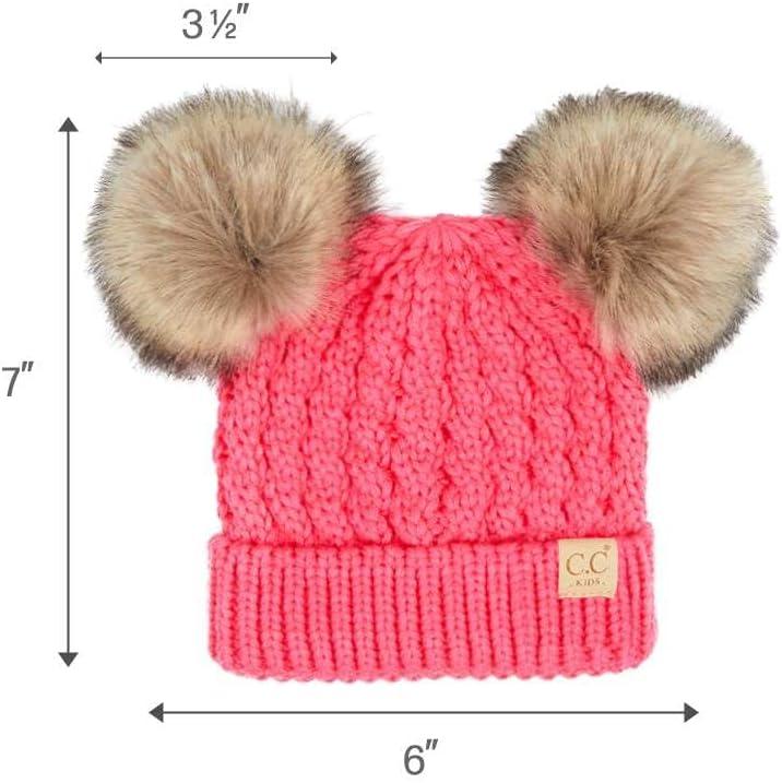 imageCC Kids Cable Knit Double Pom Beanie for Kids  Comfortable Soft Warm Children Youth Skully Hat with PomNatural Faux Fur Pom New Candy Pink