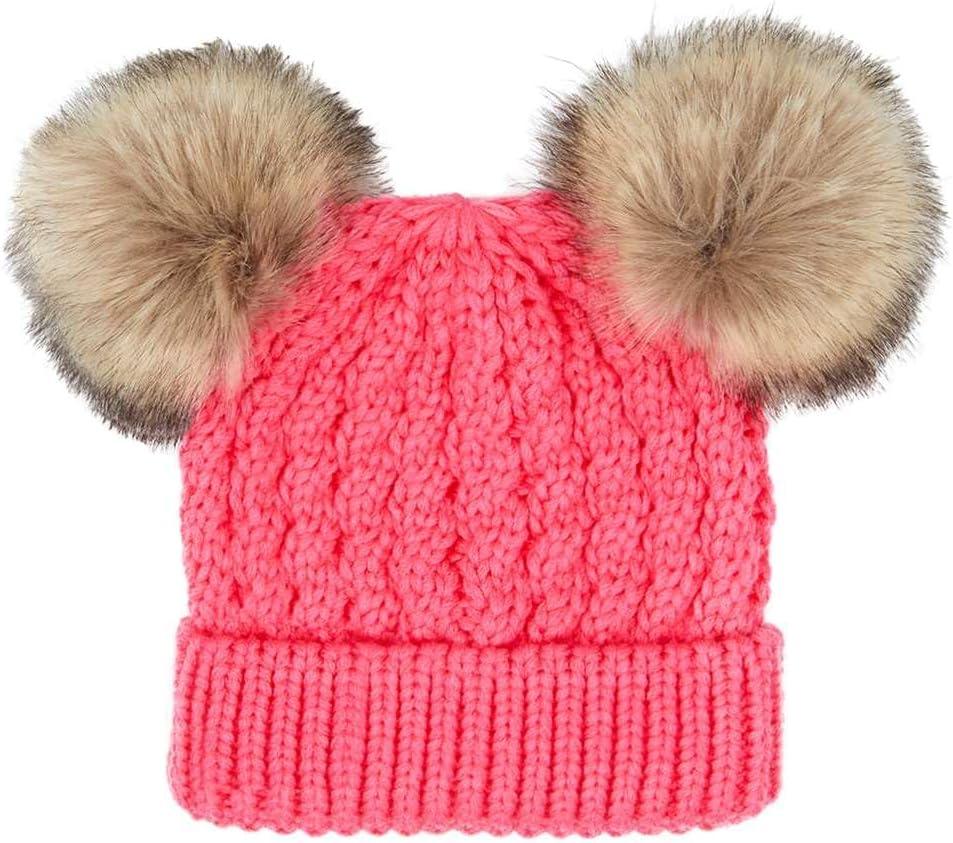 imageCC Kids Cable Knit Double Pom Beanie for Kids  Comfortable Soft Warm Children Youth Skully Hat with PomNatural Faux Fur Pom New Candy Pink