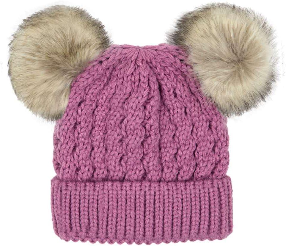 imageCC Kids Cable Knit Double Pom Beanie for Kids  Comfortable Soft Warm Children Youth Skully Hat with PomNatural Faux Fur Pom New Lavender