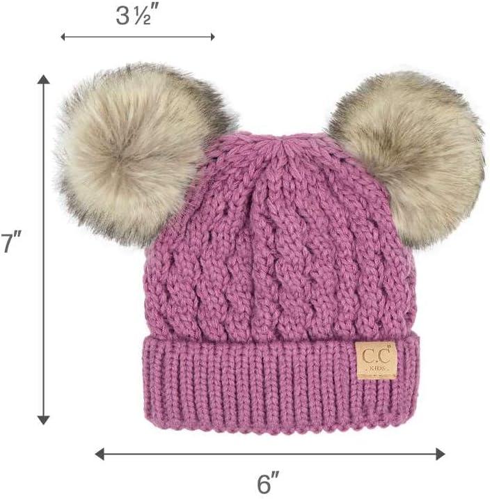 imageCC Kids Cable Knit Double Pom Beanie for Kids  Comfortable Soft Warm Children Youth Skully Hat with PomNatural Faux Fur Pom New Lavender