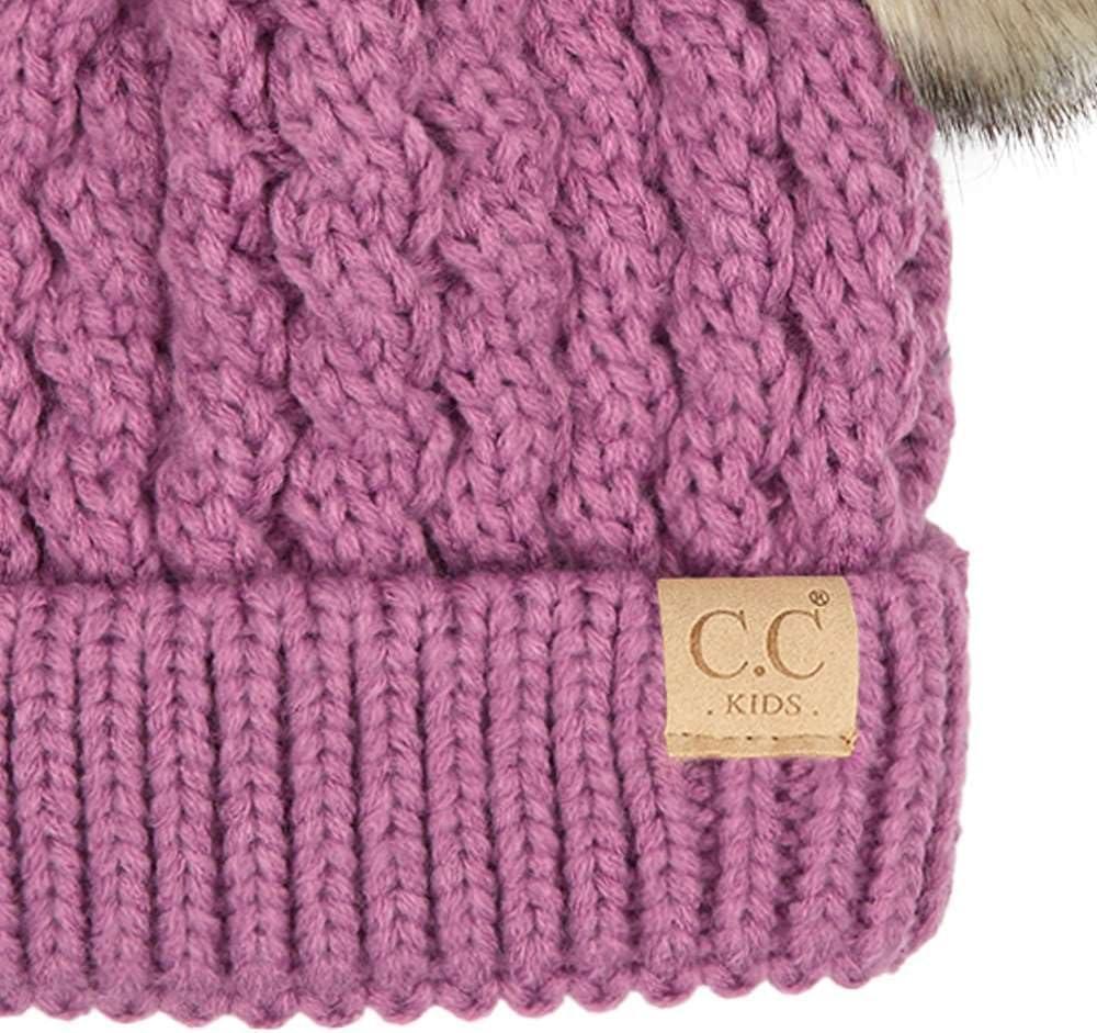 imageCC Kids Cable Knit Double Pom Beanie for Kids  Comfortable Soft Warm Children Youth Skully Hat with PomNatural Faux Fur Pom New Lavender