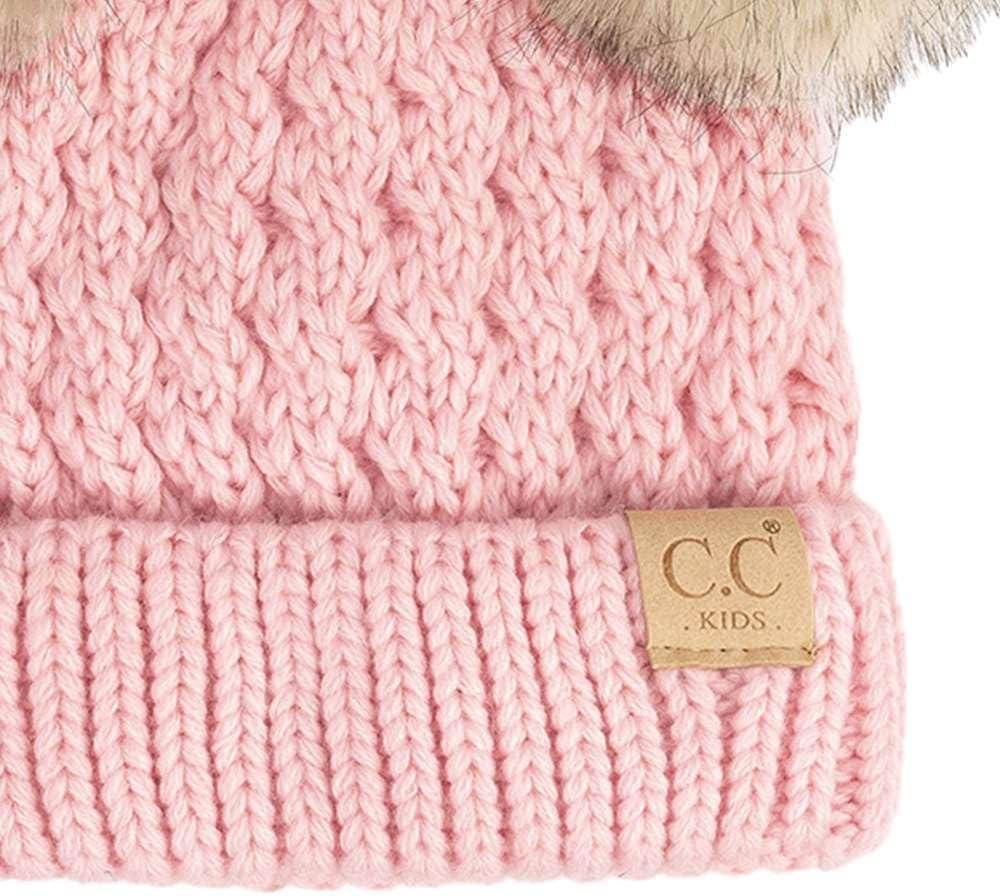 imageCC Kids Cable Knit Double Pom Beanie for Kids  Comfortable Soft Warm Children Youth Skully Hat with PomNatural Faux Fur Pom Pale Pink