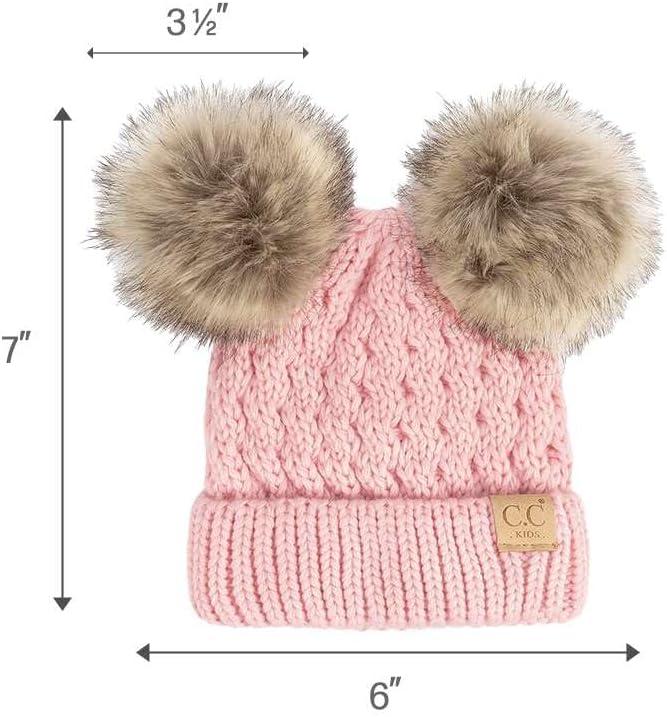 imageCC Kids Cable Knit Double Pom Beanie for Kids  Comfortable Soft Warm Children Youth Skully Hat with PomNatural Faux Fur Pom Pale Pink
