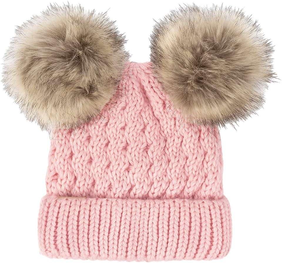 imageCC Kids Cable Knit Double Pom Beanie for Kids  Comfortable Soft Warm Children Youth Skully Hat with PomNatural Faux Fur Pom Pale Pink