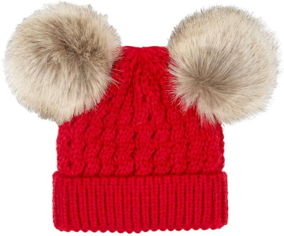 imageCC Kids Cable Knit Double Pom Beanie for Kids  Comfortable Soft Warm Children Youth Skully Hat with PomNatural Faux Fur Pom Red