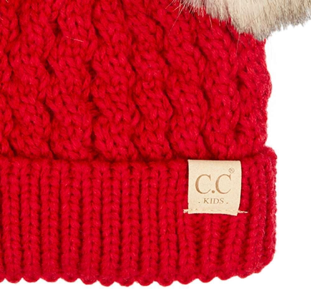 imageCC Kids Cable Knit Double Pom Beanie for Kids  Comfortable Soft Warm Children Youth Skully Hat with PomNatural Faux Fur Pom Red