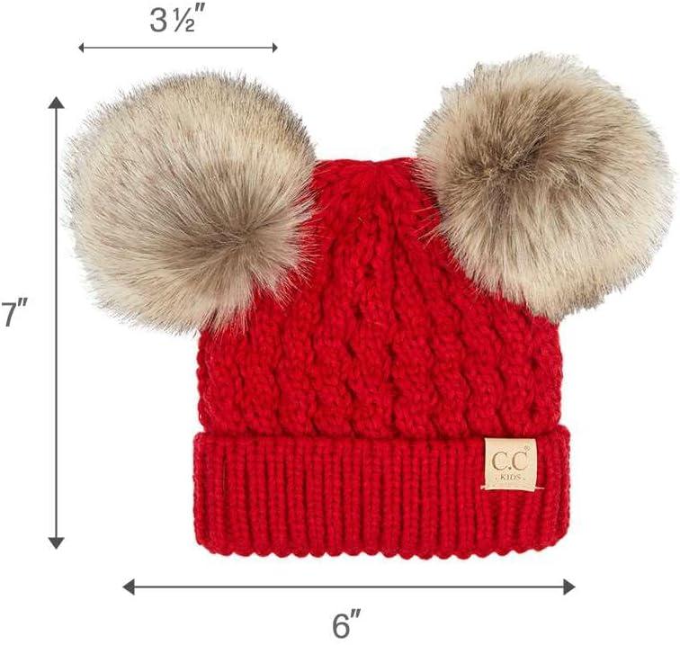 imageCC Kids Cable Knit Double Pom Beanie for Kids  Comfortable Soft Warm Children Youth Skully Hat with PomNatural Faux Fur Pom Red