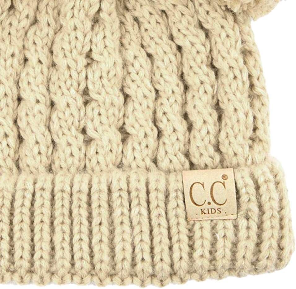imageCC Kids Cable Knit Double Pom Beanie for Kids  Comfortable Soft Warm Children Youth Skully Hat with PomYarn Pom Beige