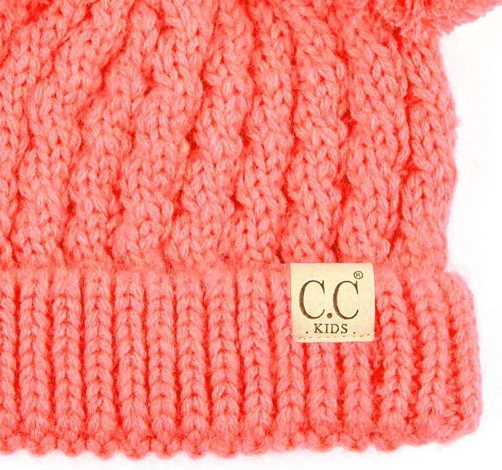 imageCC Kids Cable Knit Double Pom Beanie for Kids  Comfortable Soft Warm Children Youth Skully Hat with PomYarn Pom Coral