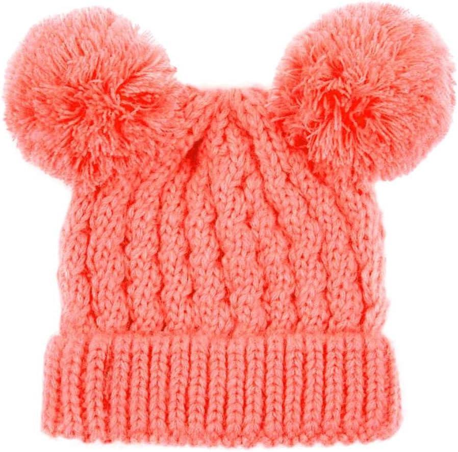 imageCC Kids Cable Knit Double Pom Beanie for Kids  Comfortable Soft Warm Children Youth Skully Hat with PomYarn Pom Coral