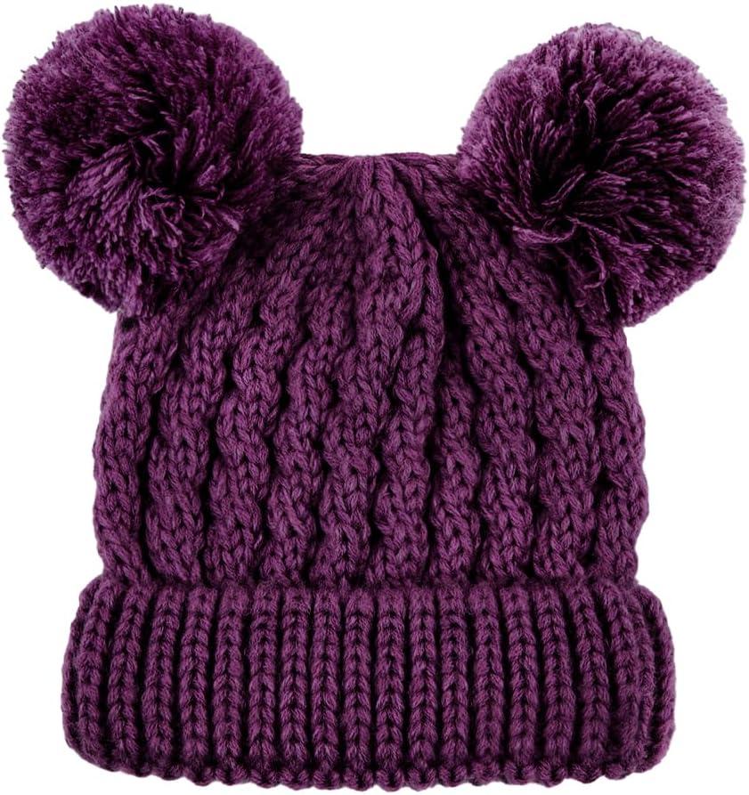 imageCC Kids Cable Knit Double Pom Beanie for Kids  Comfortable Soft Warm Children Youth Skully Hat with PomYarn Pom Dark Purple