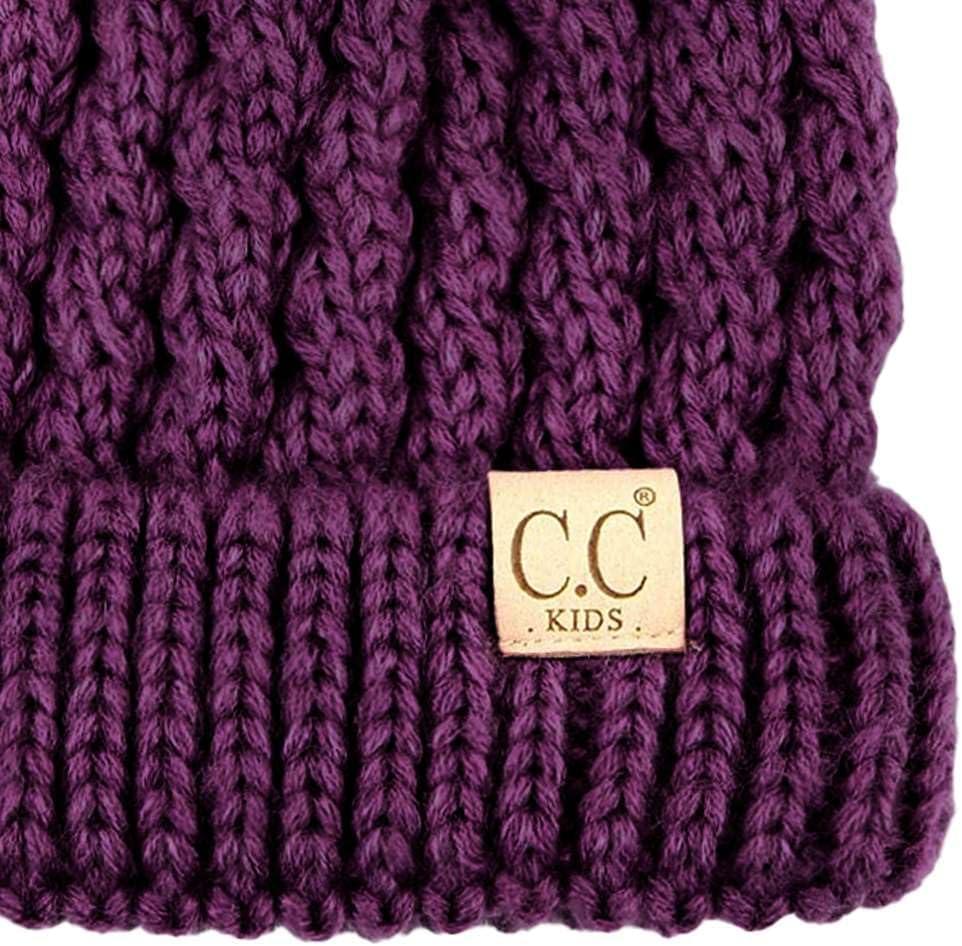 imageCC Kids Cable Knit Double Pom Beanie for Kids  Comfortable Soft Warm Children Youth Skully Hat with PomYarn Pom Dark Purple
