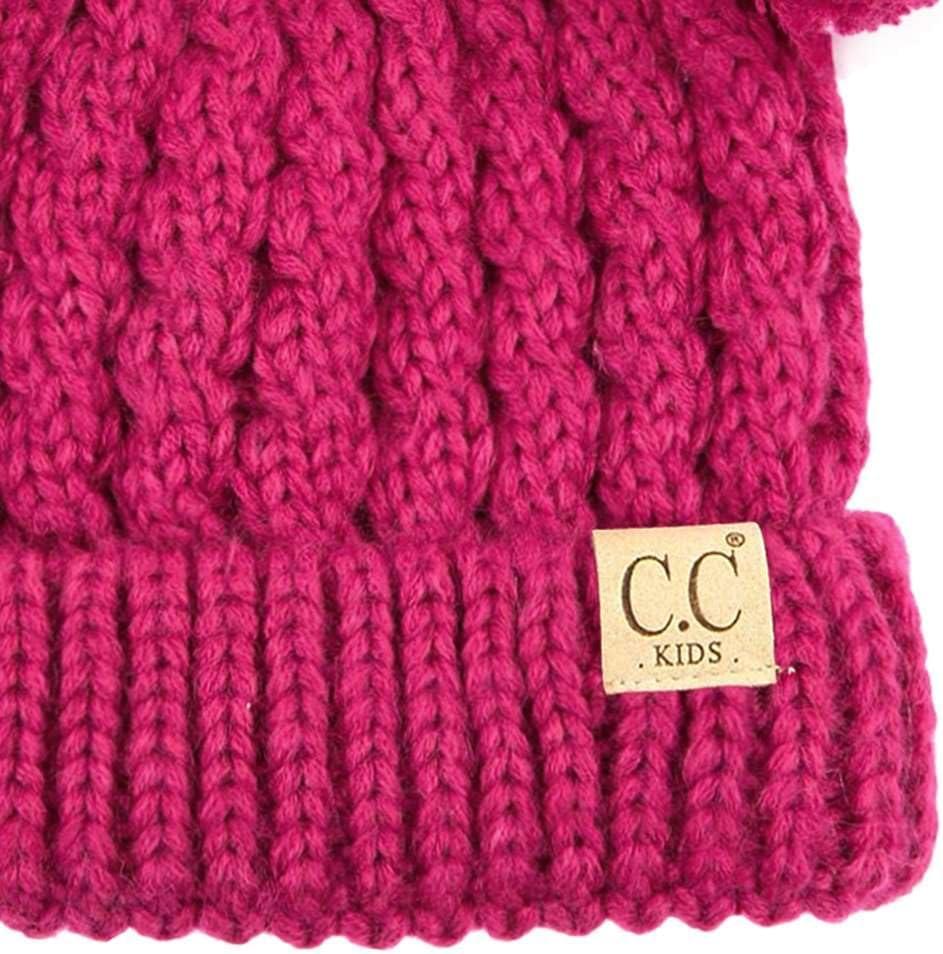 imageCC Kids Cable Knit Double Pom Beanie for Kids  Comfortable Soft Warm Children Youth Skully Hat with PomYarn Pom Hot Pink