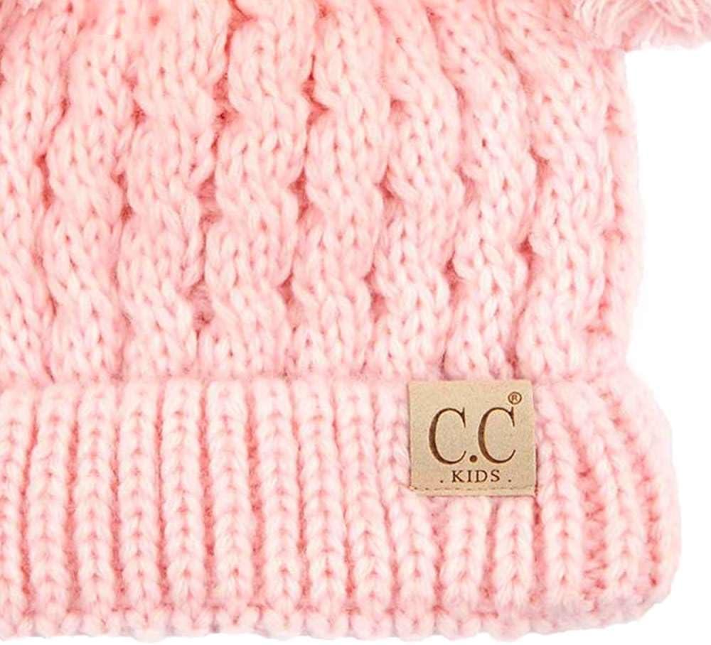 imageCC Kids Cable Knit Double Pom Beanie for Kids  Comfortable Soft Warm Children Youth Skully Hat with PomYarn Pom Pale Pink