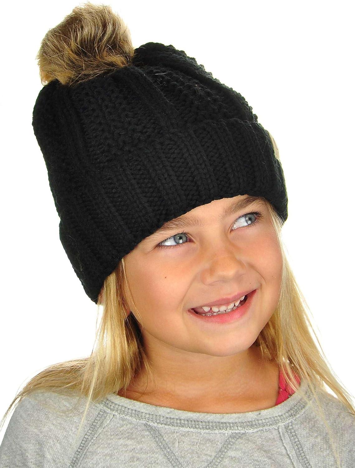imageCC Kids Childrens Cable Knit Faux Fuzzy Fur Pom Fleece Lined Cuff BeanieBlack