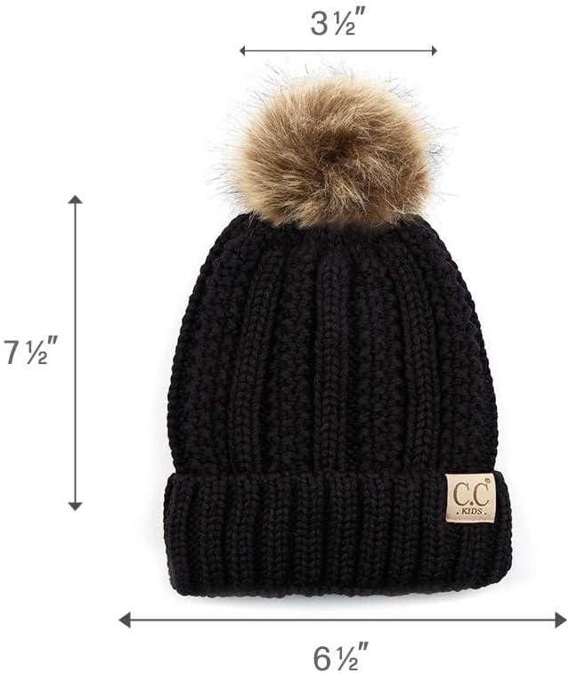 imageCC Kids Childrens Cable Knit Faux Fuzzy Fur Pom Fleece Lined Cuff BeanieBlack
