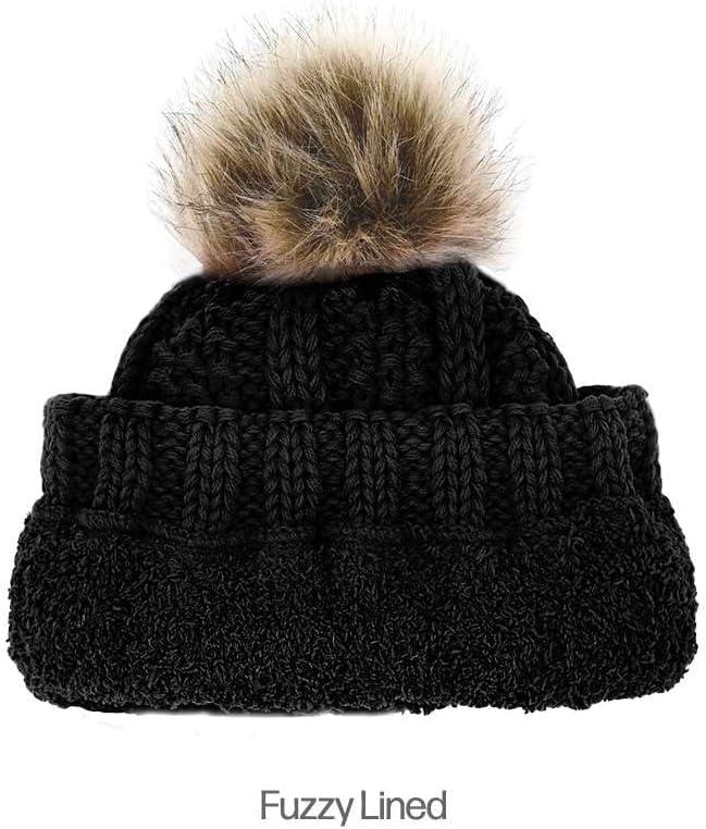 imageCC Kids Childrens Cable Knit Faux Fuzzy Fur Pom Fleece Lined Cuff BeanieBlack