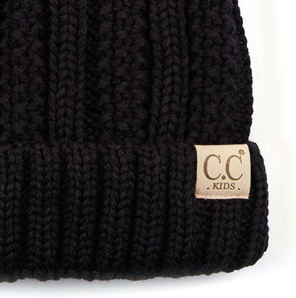 imageCC Kids Childrens Cable Knit Faux Fuzzy Fur Pom Fleece Lined Cuff BeanieBlack