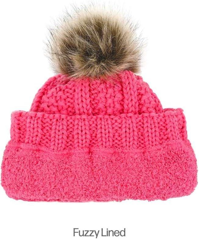 imageCC Kids Childrens Cable Knit Faux Fuzzy Fur Pom Fleece Lined Cuff BeanieCandy Pink