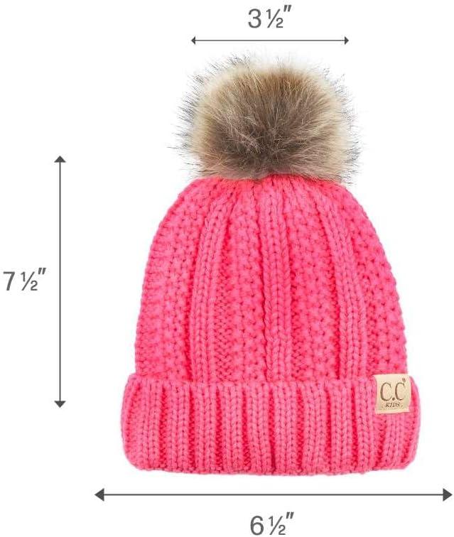 imageCC Kids Childrens Cable Knit Faux Fuzzy Fur Pom Fleece Lined Cuff BeanieCandy Pink