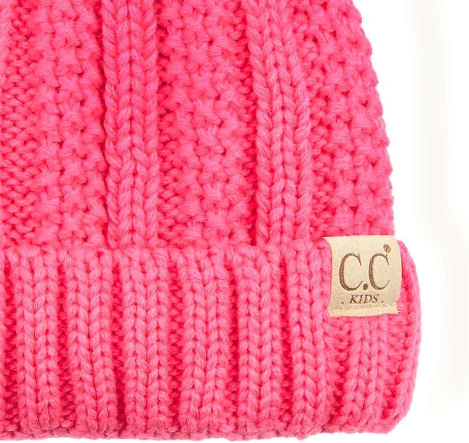 imageCC Kids Childrens Cable Knit Faux Fuzzy Fur Pom Fleece Lined Cuff BeanieCandy Pink