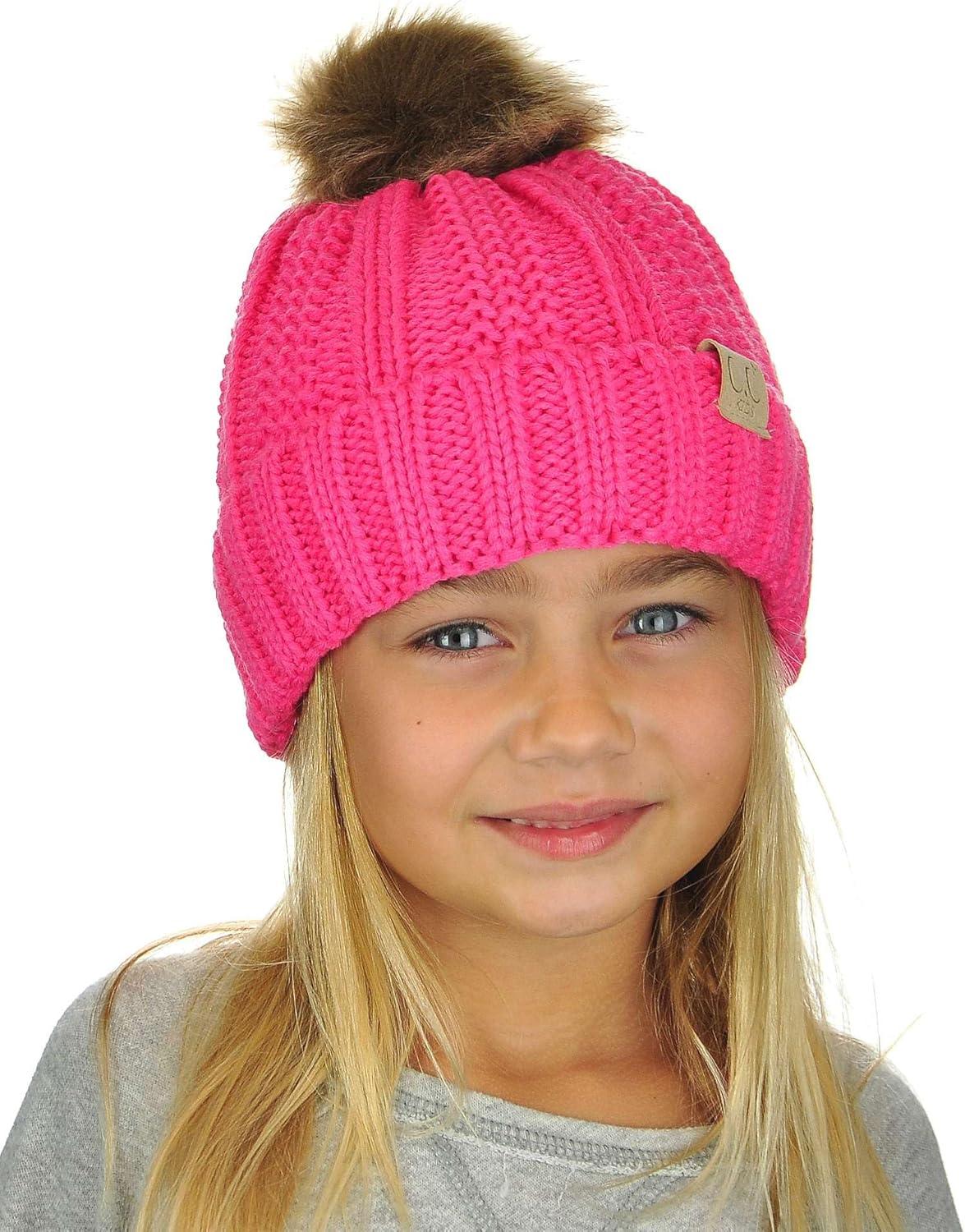 imageCC Kids Childrens Cable Knit Faux Fuzzy Fur Pom Fleece Lined Cuff BeanieCandy Pink