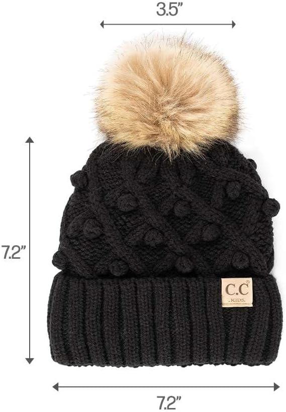 imageCC Kids Childrens Cable Knit Faux Fuzzy Fur Pom Fleece Lined Cuff BeanieHandmade Bobble  Black