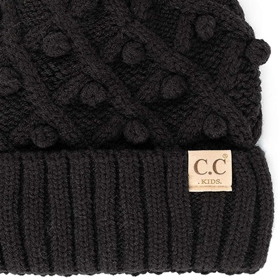 imageCC Kids Childrens Cable Knit Faux Fuzzy Fur Pom Fleece Lined Cuff BeanieHandmade Bobble  Black