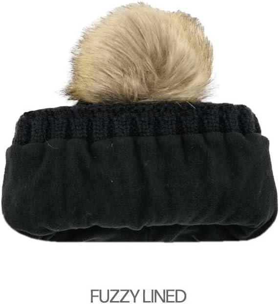imageCC Kids Childrens Cable Knit Faux Fuzzy Fur Pom Fleece Lined Cuff BeanieHandmade Bobble  Black