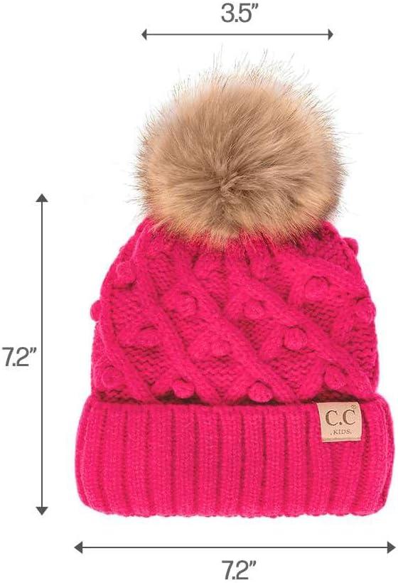 imageCC Kids Childrens Cable Knit Faux Fuzzy Fur Pom Fleece Lined Cuff BeanieHandmade Bobble  Candy Pink