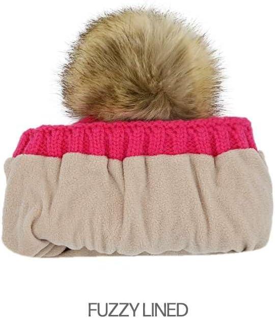 imageCC Kids Childrens Cable Knit Faux Fuzzy Fur Pom Fleece Lined Cuff BeanieHandmade Bobble  Candy Pink