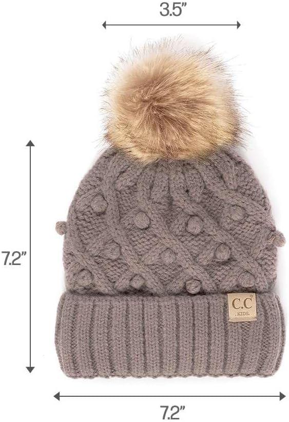 imageCC Kids Childrens Cable Knit Faux Fuzzy Fur Pom Fleece Lined Cuff BeanieHandmade Bobble  City Gray