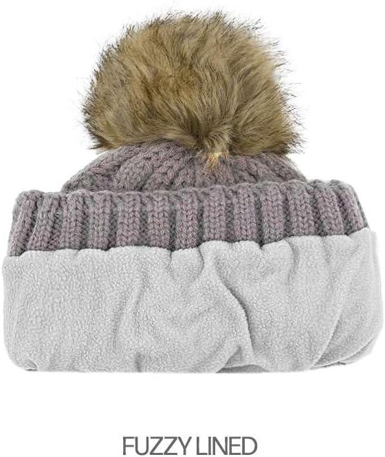 imageCC Kids Childrens Cable Knit Faux Fuzzy Fur Pom Fleece Lined Cuff BeanieHandmade Bobble  City Gray
