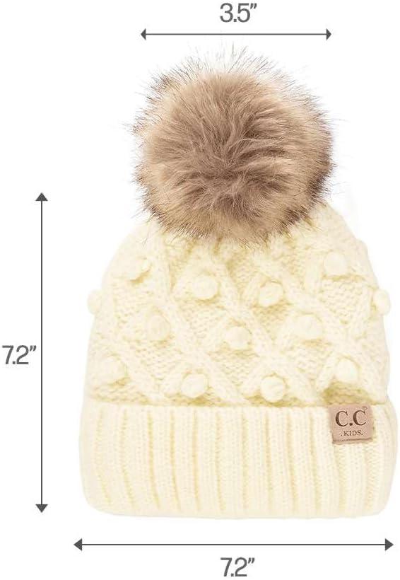 imageCC Kids Childrens Cable Knit Faux Fuzzy Fur Pom Fleece Lined Cuff BeanieHandmade Bobble  Ivory