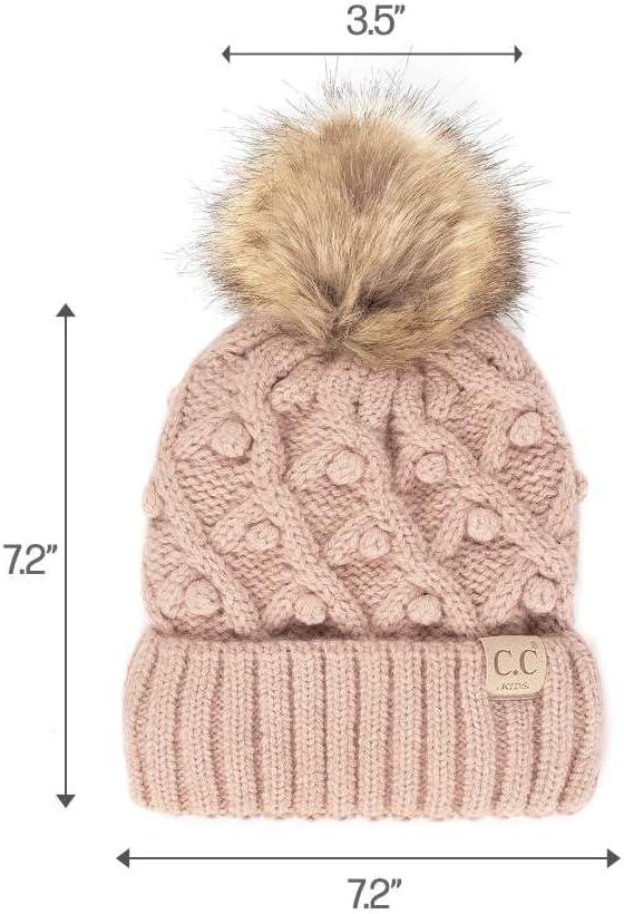 imageCC Kids Childrens Cable Knit Faux Fuzzy Fur Pom Fleece Lined Cuff BeanieHandmade Bobble  Rose