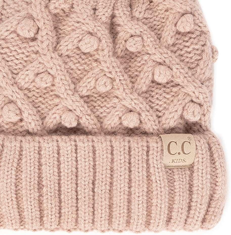 imageCC Kids Childrens Cable Knit Faux Fuzzy Fur Pom Fleece Lined Cuff BeanieHandmade Bobble  Rose