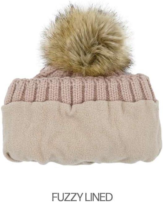 imageCC Kids Childrens Cable Knit Faux Fuzzy Fur Pom Fleece Lined Cuff BeanieHandmade Bobble  Rose