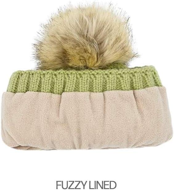 imageCC Kids Childrens Cable Knit Faux Fuzzy Fur Pom Fleece Lined Cuff BeanieHandmade Bobble  Winter Lime