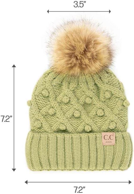 imageCC Kids Childrens Cable Knit Faux Fuzzy Fur Pom Fleece Lined Cuff BeanieHandmade Bobble  Winter Lime