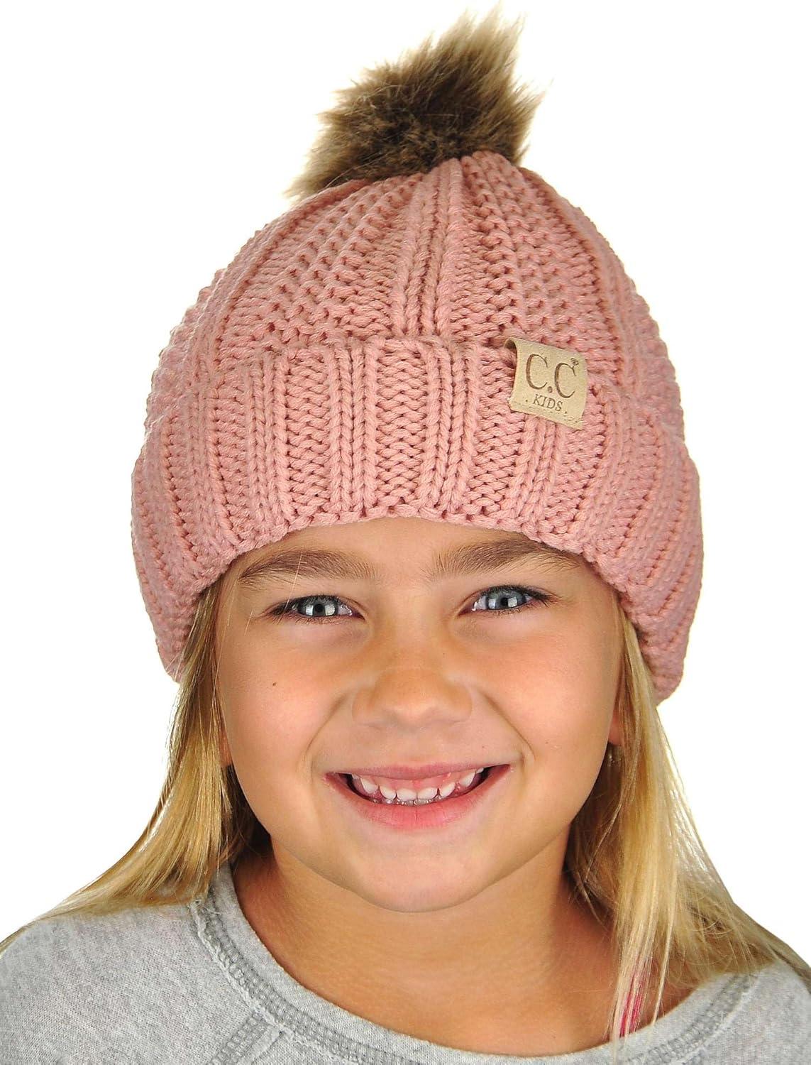 imageCC Kids Childrens Cable Knit Faux Fuzzy Fur Pom Fleece Lined Cuff BeanieIndi Pink